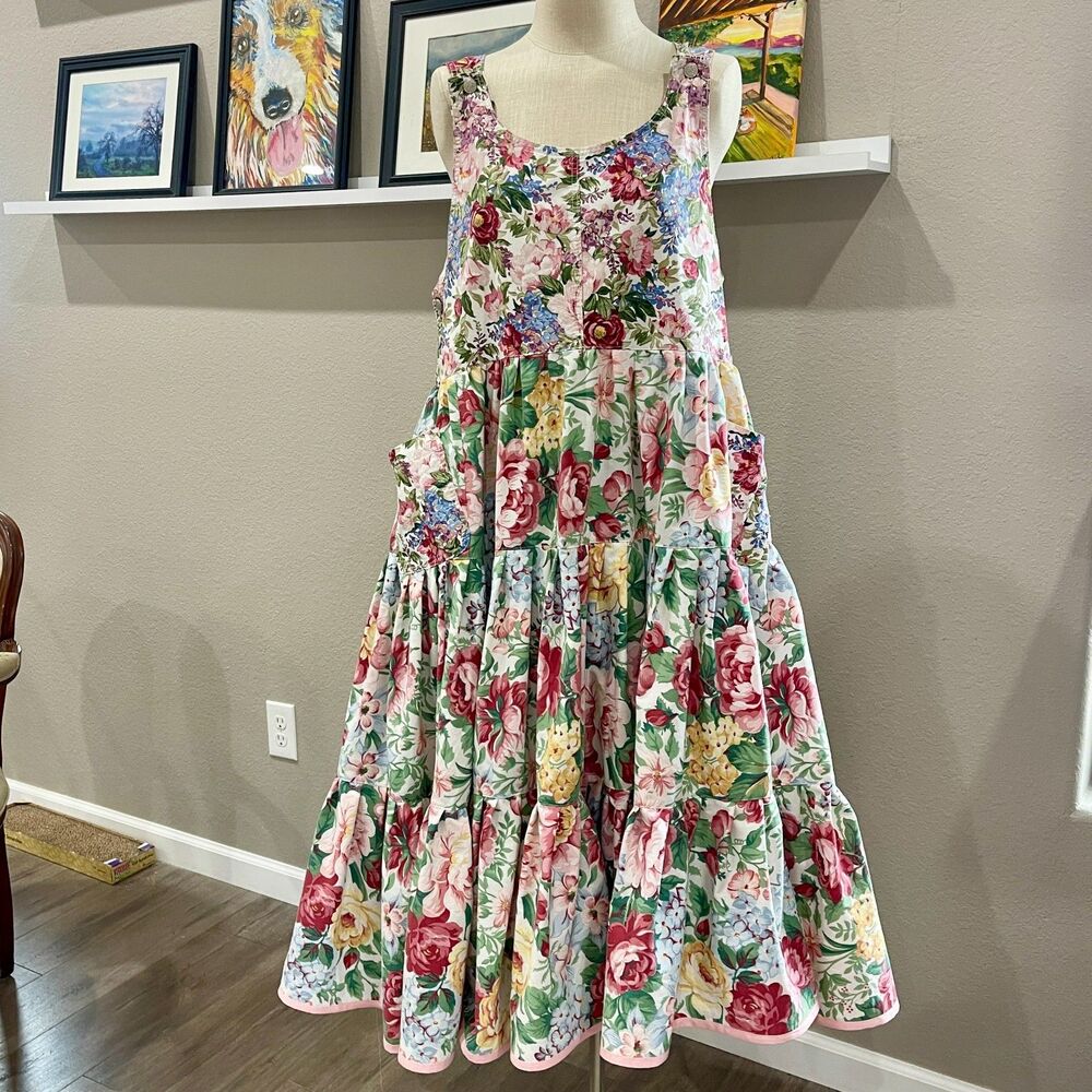 Handmade Floral Tiered Maxi Dress, patch pockets and adjustable straps, Size L - Picture 8 of 16
